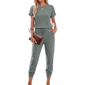 image:imageEkouaer Jumpsuits for Women Dressy Summer Romper Ribbed Knit Casual Travel Outfits 2026 Vacation Beach ClothesDark Olive