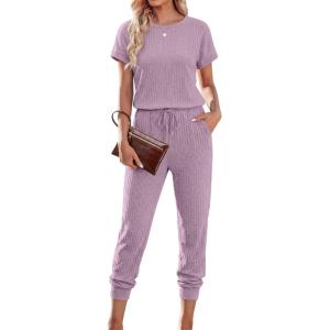 image:imageEkouaer Jumpsuits for Women Dressy Summer Romper Ribbed Knit Casual Travel Outfits 2026 Vacation Beach ClothesDark Purple