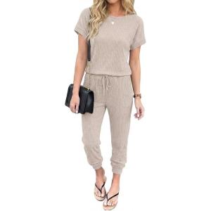 image:imageEkouaer Jumpsuits for Women Dressy Summer Romper Ribbed Knit Casual Travel Outfits 2026 Vacation Beach ClothesKhaki
