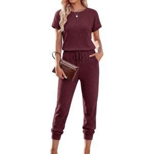 image:imageEkouaer Jumpsuits for Women Dressy Summer Romper Ribbed Knit Casual Travel Outfits 2026 Vacation Beach ClothesWine Red