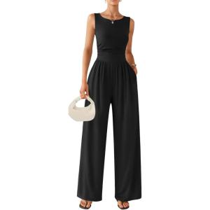 image:imageEkouaer Jumpsuits for Women One Piece Jumpsuit Wide Leg Sleeveless Crewneck Casual Womens Romper Jumpers With Pockets 2026Black