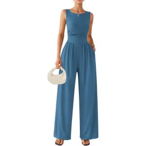 image:imageEkouaer Jumpsuits for Women One Piece Jumpsuit Wide Leg Sleeveless Crewneck Casual Womens Romper Jumpers With Pockets 2026Lake Blue