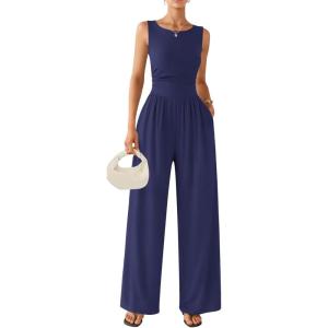 image:imageEkouaer Jumpsuits for Women One Piece Jumpsuit Wide Leg Sleeveless Crewneck Casual Womens Romper Jumpers With Pockets 2026Navy
