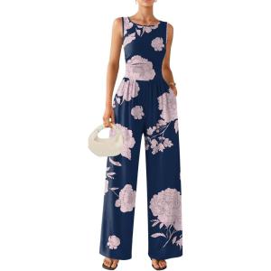 image:imageEkouaer Jumpsuits for Women One Piece Jumpsuit Wide Leg Sleeveless Crewneck Casual Womens Romper Jumpers With Pockets 2026Pink Floral Navy