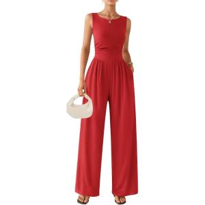 image:imageEkouaer Jumpsuits for Women One Piece Jumpsuit Wide Leg Sleeveless Crewneck Casual Womens Romper Jumpers With Pockets 2026Red