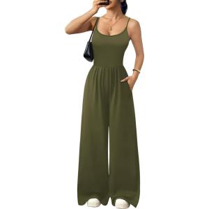 image:imageEkouaer Jumpsuits for Women Sleeveless Spaghetti Strap Womens Jumpsuit One Piece Wide Leg Summer Romper With Pockets 2026Army Green
