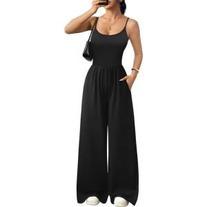 image:imageEkouaer Jumpsuits for Women Sleeveless Spaghetti Strap Womens Jumpsuit One Piece Wide Leg Summer Romper With Pockets 2026Black