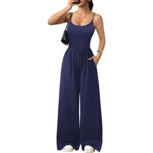 image:imageEkouaer Jumpsuits for Women Sleeveless Spaghetti Strap Womens Jumpsuit One Piece Wide Leg Summer Romper With Pockets 2026Navy Blue