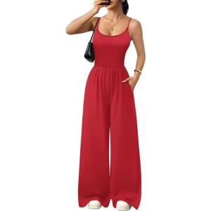 image:imageEkouaer Jumpsuits for Women Sleeveless Spaghetti Strap Womens Jumpsuit One Piece Wide Leg Summer Romper With Pockets 2026True Red