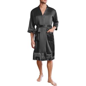 image:imageEkouaer Mens Satin Robe Lightweight Silky Kimono Bathrobe 34 Sleeve Spa Knee Length Loungewear with Pockets S3XLBlackpattern
