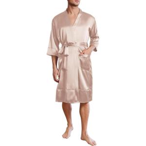 image:imageEkouaer Mens Satin Robe Lightweight Silky Kimono Bathrobe 34 Sleeve Spa Knee Length Loungewear with Pockets S3XLChampagne