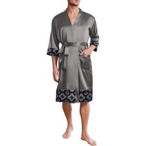 image:imageEkouaer Mens Satin Robe Lightweight Silky Kimono Bathrobe 34 Sleeve Spa Knee Length Loungewear with Pockets S3XLDark Greypattern
