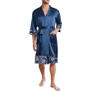 image:imageEkouaer Mens Satin Robe Lightweight Silky Kimono Bathrobe 34 Sleeve Spa Knee Length Loungewear with Pockets S3XLNavy Bluepattern