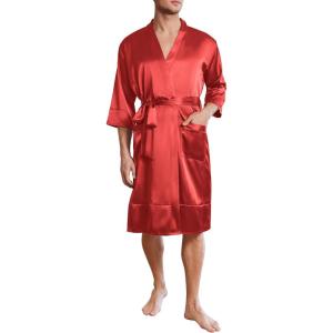 image:imageEkouaer Mens Satin Robe Lightweight Silky Kimono Bathrobe 34 Sleeve Spa Knee Length Loungewear with Pockets S3XLRed