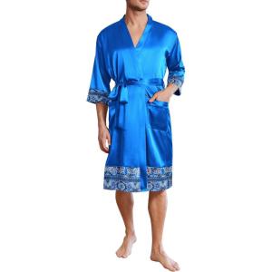 image:imageEkouaer Mens Satin Robe Lightweight Silky Kimono Bathrobe 34 Sleeve Spa Knee Length Loungewear with Pockets S3XLSnorkel Bluepattern