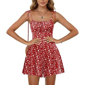 image:imageEkouaer Rompers for Women Boho Floral Summer Romper Sleeveless Spaghetti Strap Smocked Loose Casual Shorts JumpsuitsRed White Flowers