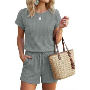 image:imageEkouaer Rompers for Women Ribbed Knit Short Jumpsuit 2026 Summer Casual Vacation OutfitsArmy Green