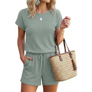image:imageEkouaer Rompers for Women Ribbed Knit Short Jumpsuit 2026 Summer Casual Vacation OutfitsCeladon Green