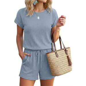 image:imageEkouaer Rompers for Women Ribbed Knit Short Jumpsuit 2026 Summer Casual Vacation OutfitsDark Blue