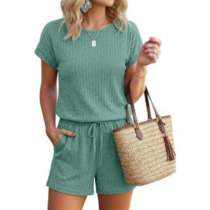 image:imageEkouaer Rompers for Women Ribbed Knit Short Jumpsuit 2026 Summer Casual Vacation OutfitsGreen