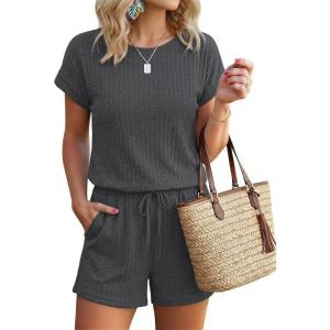 image:imageEkouaer Rompers for Women Ribbed Knit Short Jumpsuit 2026 Summer Casual Vacation OutfitsGrey