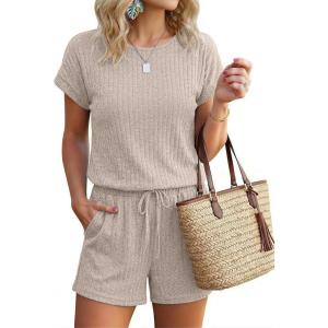 image:imageEkouaer Rompers for Women Ribbed Knit Short Jumpsuit 2026 Summer Casual Vacation OutfitsKhaki