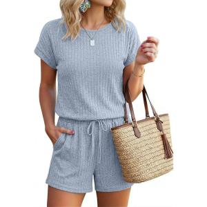 image:imageEkouaer Rompers for Women Ribbed Knit Short Jumpsuit 2026 Summer Casual Vacation OutfitsLight Blue