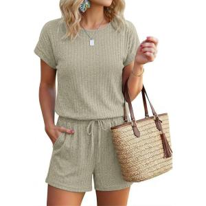 image:imageEkouaer Rompers for Women Ribbed Knit Short Jumpsuit 2026 Summer Casual Vacation OutfitsLight Green