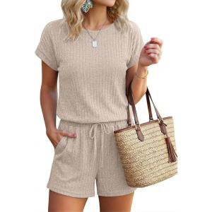 image:imageEkouaer Rompers for Women Ribbed Knit Short Jumpsuit 2026 Summer Casual Vacation OutfitsLight Khaki