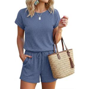 image:imageEkouaer Rompers for Women Ribbed Knit Short Jumpsuit 2026 Summer Casual Vacation OutfitsNavy