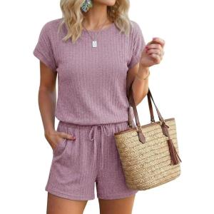 image:imageEkouaer Rompers for Women Ribbed Knit Short Jumpsuit 2026 Summer Casual Vacation OutfitsPurple