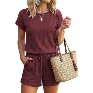 image:imageEkouaer Rompers for Women Ribbed Knit Short Jumpsuit 2026 Summer Casual Vacation OutfitsWine Red
