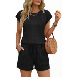 image:imageEkouaer Rompers for Women Summer Casual Cap Sleeve Crewneck Short Pants Jumpsuit Beach Vacation Outfit with Pockets SXXLBlack