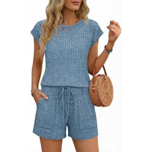 image:imageEkouaer Rompers for Women Summer Casual Cap Sleeve Crewneck Short Pants Jumpsuit Beach Vacation Outfit with Pockets SXXLBlue