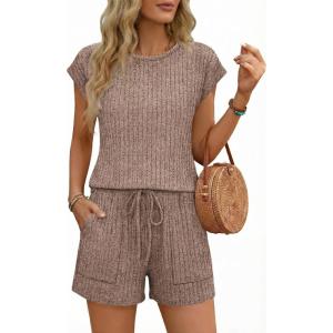 image:imageEkouaer Rompers for Women Summer Casual Cap Sleeve Crewneck Short Pants Jumpsuit Beach Vacation Outfit with Pockets SXXLBrown