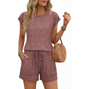 image:imageEkouaer Rompers for Women Summer Casual Cap Sleeve Crewneck Short Pants Jumpsuit Beach Vacation Outfit with Pockets SXXLBurgundy