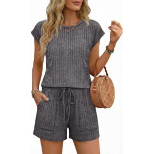 image:imageEkouaer Rompers for Women Summer Casual Cap Sleeve Crewneck Short Pants Jumpsuit Beach Vacation Outfit with Pockets SXXLDark Grey