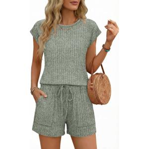 image:imageEkouaer Rompers for Women Summer Casual Cap Sleeve Crewneck Short Pants Jumpsuit Beach Vacation Outfit with Pockets SXXLIce Green