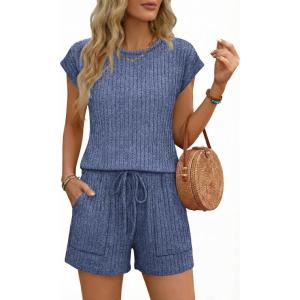 image:imageEkouaer Rompers for Women Summer Casual Cap Sleeve Crewneck Short Pants Jumpsuit Beach Vacation Outfit with Pockets SXXLNavy Blue