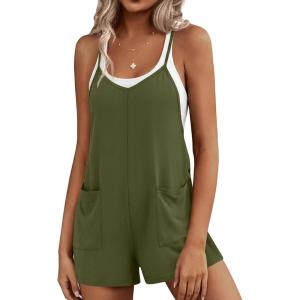image:imageEkouaer Rompers for Women Summer Casual Sleeveless Short Overalls Boho Spaghetti Strap Shorts Jumpsuit with PocketsArmy Green