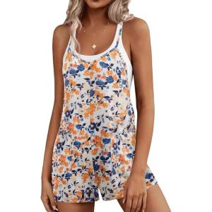 image:imageEkouaer Rompers for Women Summer Casual Sleeveless Short Overalls Boho Spaghetti Strap Shorts Jumpsuit with PocketsBeige Blue Floral