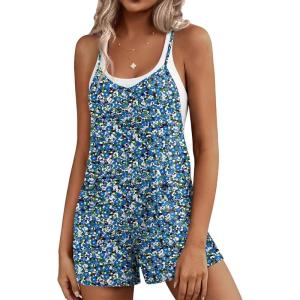 image:imageEkouaer Rompers for Women Summer Casual Sleeveless Short Overalls Boho Spaghetti Strap Shorts Jumpsuit with PocketsBlue Green Floral
