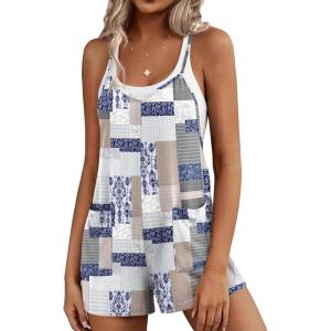 image:imageEkouaer Rompers for Women Summer Casual Sleeveless Short Overalls Boho Spaghetti Strap Shorts Jumpsuit with PocketsGrey Boho Print