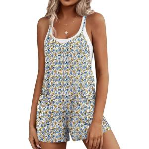 image:imageEkouaer Rompers for Women Summer Casual Sleeveless Short Overalls Boho Spaghetti Strap Shorts Jumpsuit with PocketsWhite Daisy Floral