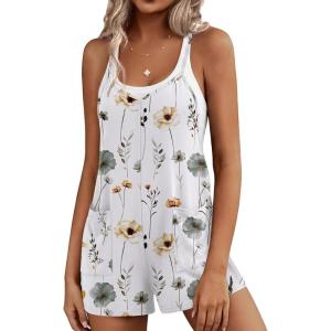 image:imageEkouaer Rompers for Women Summer Casual Sleeveless Short Overalls Boho Spaghetti Strap Shorts Jumpsuit with PocketsWhite Grey Floral