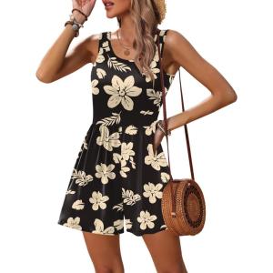 image:imageEkouaer Rompers for Women Summer Romper Sleeveless Scoop Neck Short Jumpsuits for Women Beach Jumpsuit with Pockets 2026Black Yellow Floral