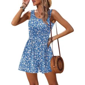 image:imageEkouaer Rompers for Women Summer Romper Sleeveless Scoop Neck Short Jumpsuits for Women Beach Jumpsuit with Pockets 2026Blue White Floral