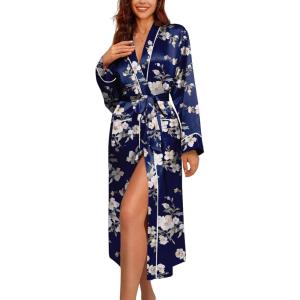 image:imageEkouaer Satin Robes for Women Long Sleeve Silk Bathrobe Soft Lightweight Full Length Sleepwear Bridesmaid Wedding Party RobesNavy Floral
