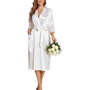 image:imageEkouaer Silk Robes for Women Long Satin Bride Bridesmaid Wedding Party Robes Lightweight Sexy Sleepwear with PocketsWhite