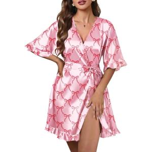 image:imageEkouaer Silk Robes for Women Short Lightweight Bathrobe Ruffled Satin Kimono Robes Sexy Bride Bridesmaid SleepwearBow Pink